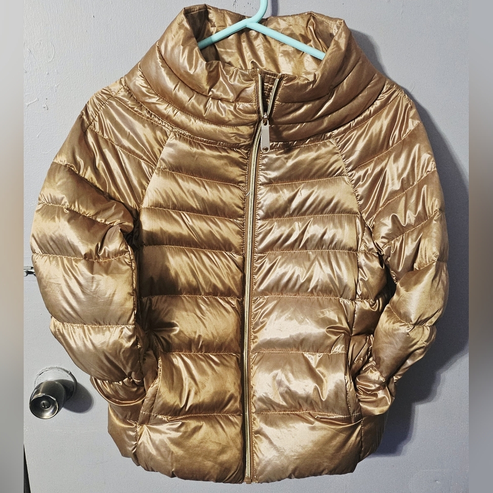 Womens Sam Edelman Gold Shiny Down Puffer Zip Up Jacket Size XS